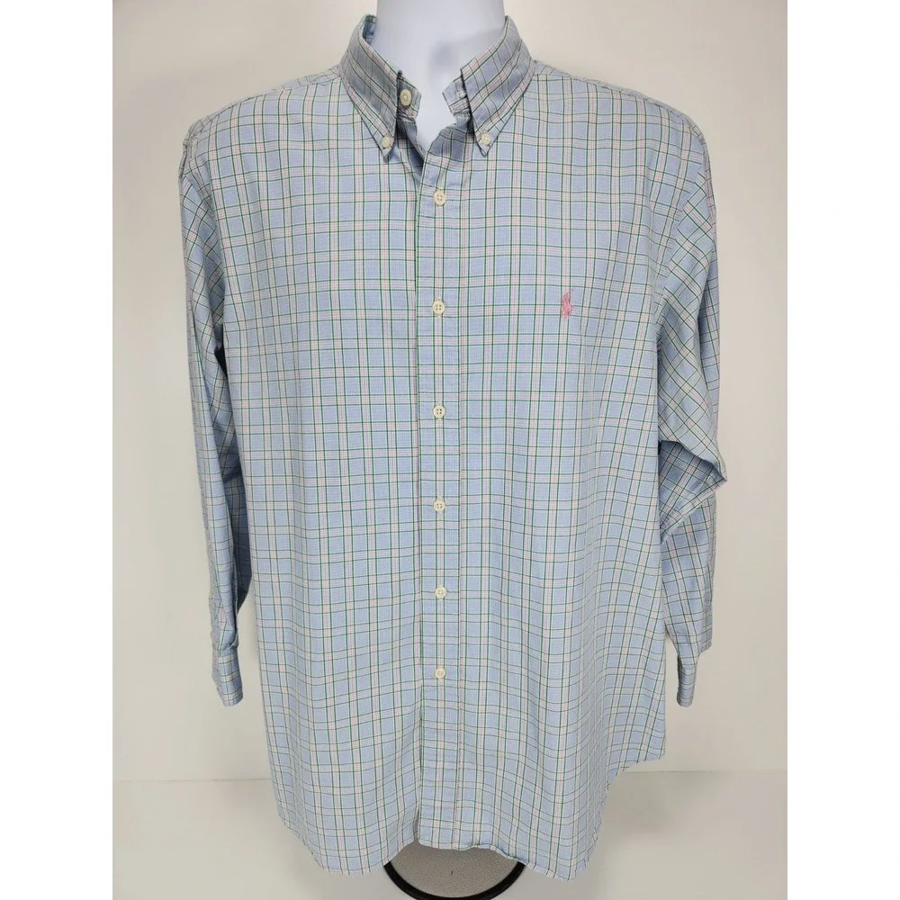 Ralph Lauren Polo Shirt Mens 17 - 32/33 Classic Fit Blue Green PInk‎ Pony Check